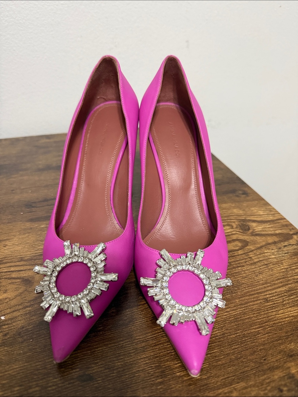 Amina Muaddi Fuchsia Pointed Toe Crystal Sunburst Pumps